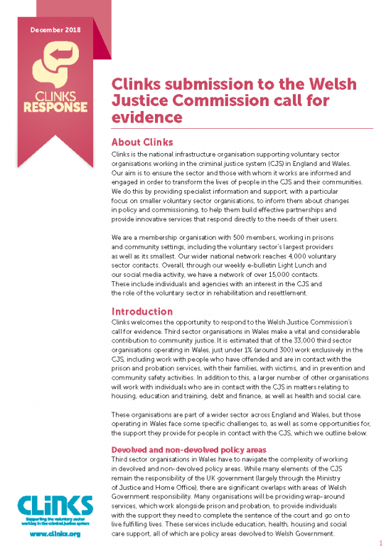 Clinks submission to the Welsh Justice Commission call for evidence front cover