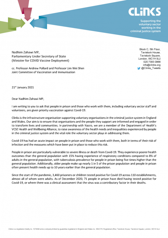 Letter to Nadhim Zahawi MP, Minister for Covid-19 Vaccine Deployment