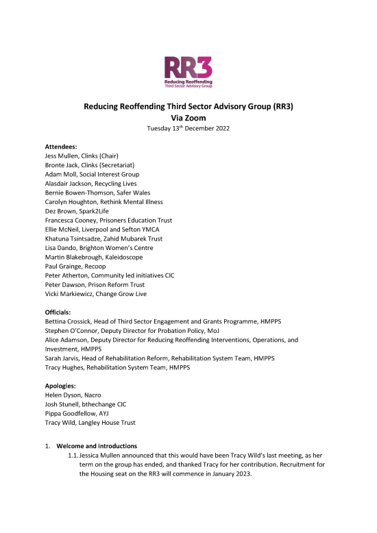Quarterly meeting notes from the Reducing Reoffending Third Sector Advisory Group (RR3)