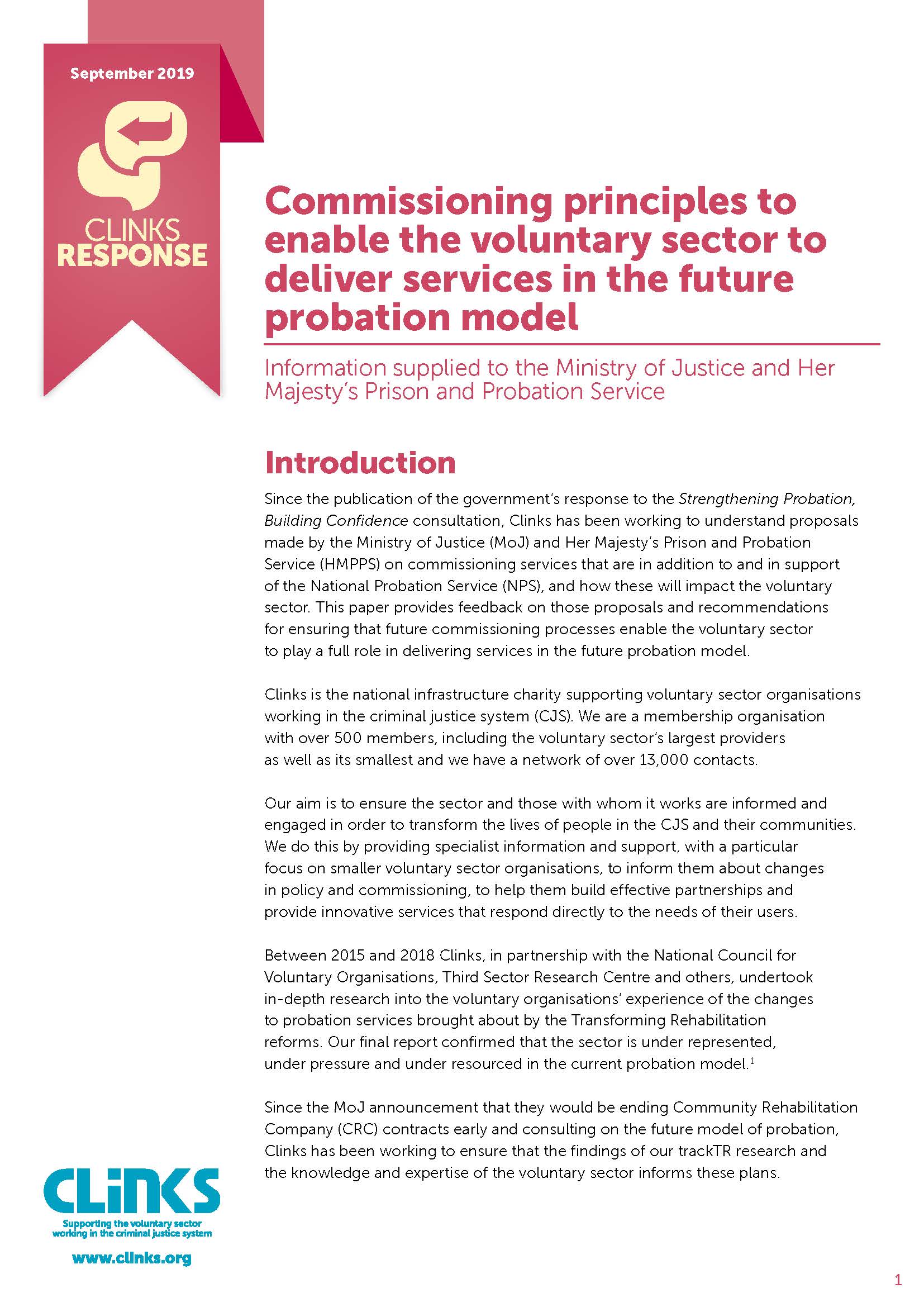 Commissioning principles to enable the voluntary sector to deliver services in the future probation model - cover image