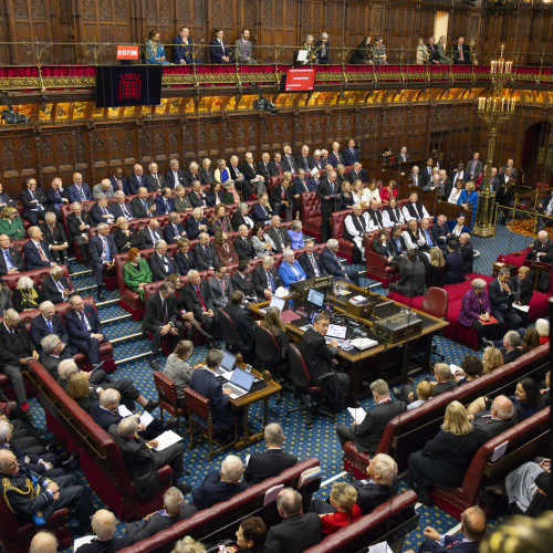 Ariel photograph of members debating in the House of Lords following the Kings Speech on 7th Nov 2023