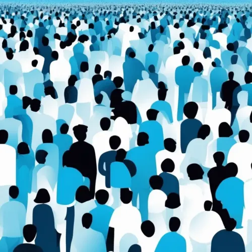 blue tone image of people in a crowd