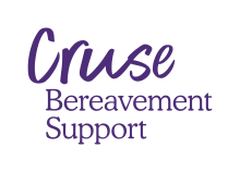 The name Cruse is in a font which has an upward stroke at the end of each letter, implying hope and positivity.  This word is set above the words Bereavement Support in a solid, upright font, which provides an image of a solid foundation.  Logo text is in purple.