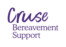 The name Cruse is in a font which has an upward stroke at the end of each letter, implying hope and positivity. This word is set above the words Bereavement Support in a solid, upright font, which provides an image of a solid foundation. Logo text is in purple.