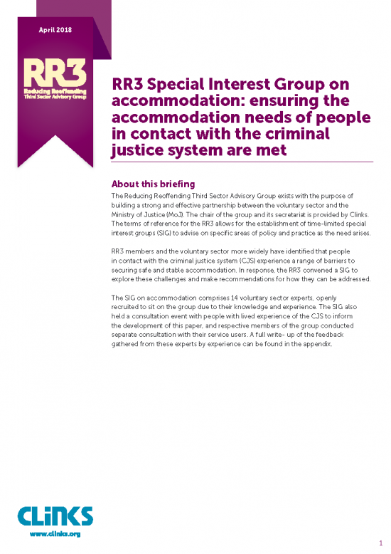 RR3 Briefing: meeting the accommodation needs of people in contact with the criminal justice system