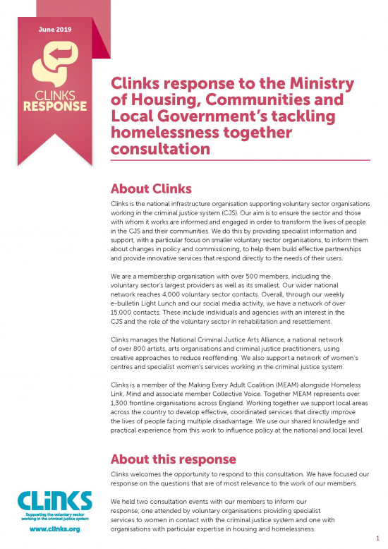 Clinks Response: Ministry of Housing, Communities and Local Government’s tackling homelessness together consultation