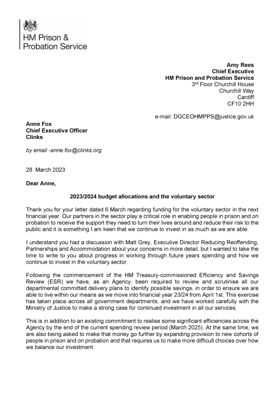 Letter from Amy Rees Chief Executive HMPPS dated 28 March 2023 - Page 1