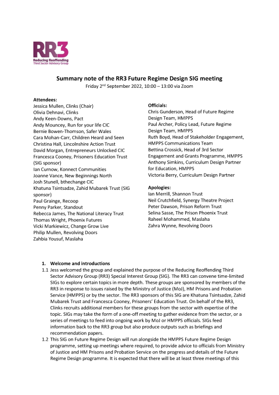 Summary note of the RR3 Future Regime Design SIG meeting