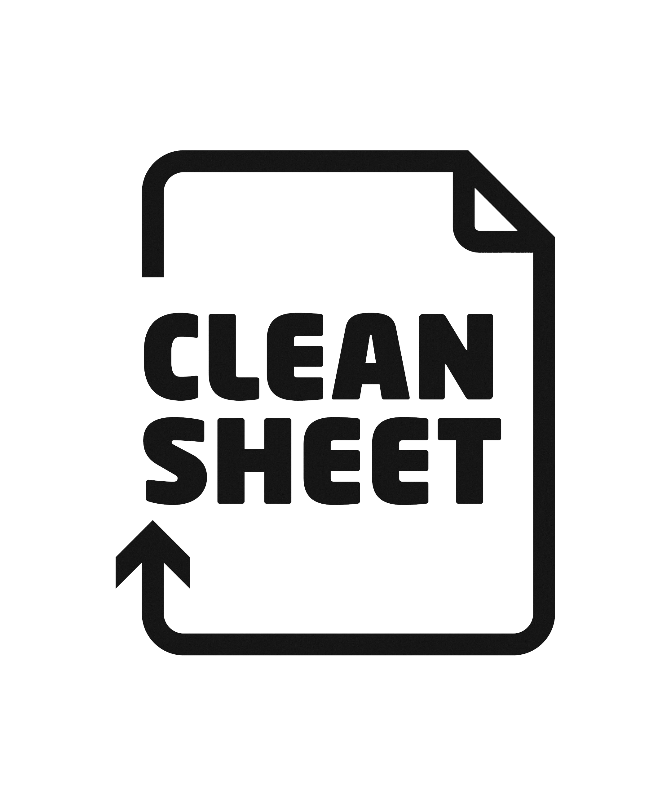 Clean Sheet, logo is an image of a page with the corner turned over to denote a clean sheet